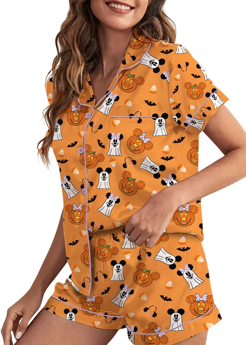 Mickey & Minnie Halloween Pajama Set, Orange Pumpkin & Ghost Print Long Sleeve Sleepwear, Spooky Character Pajamas, Halloween Nightwear, Cute Fall Loungewear for Women - Image 5