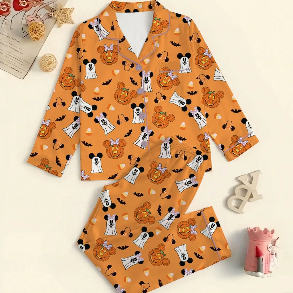 Mickey & Minnie Halloween Pajama Set, Orange Pumpkin & Ghost Print Long Sleeve Sleepwear, Spooky Character Pajamas, Halloween Nightwear, Cute Fall Loungewear for Women - Image 7