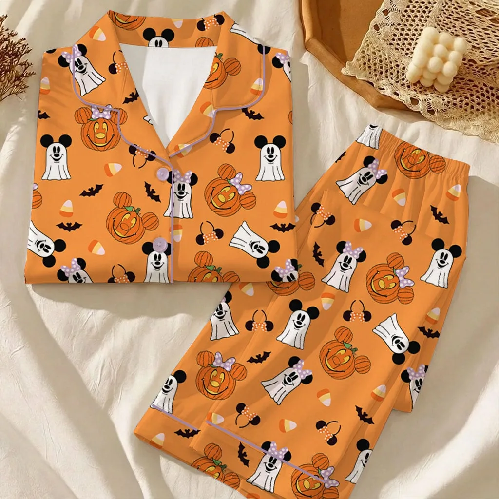 Mickey & Minnie Halloween Pajama Set, Orange Pumpkin & Ghost Print Long Sleeve Sleepwear, Spooky Character Pajamas, Halloween Nightwear, Cute Fall Loungewear for Women - Image 6