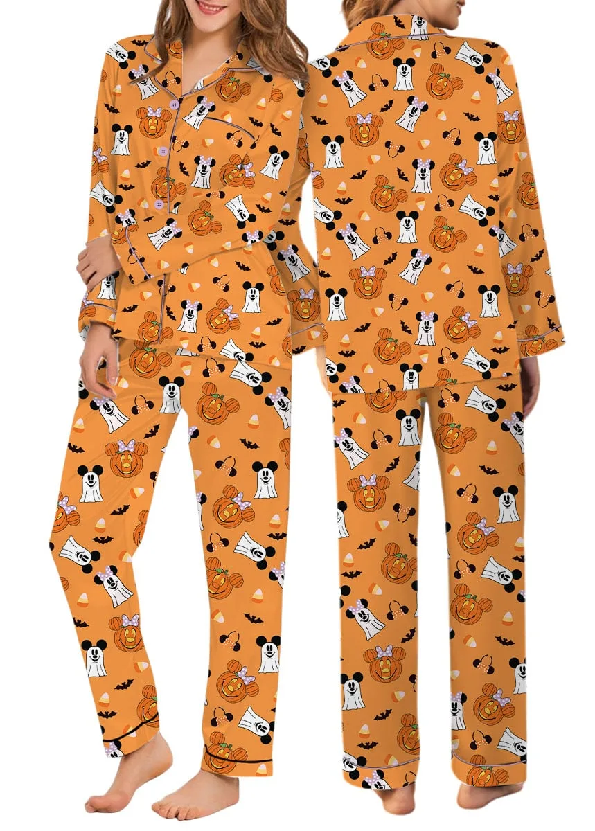 Mickey & Minnie Halloween Pajama Set, Orange Pumpkin & Ghost Print Long Sleeve Sleepwear, Spooky Character Pajamas, Halloween Nightwear, Cute Fall Loungewear for Women - Image 8