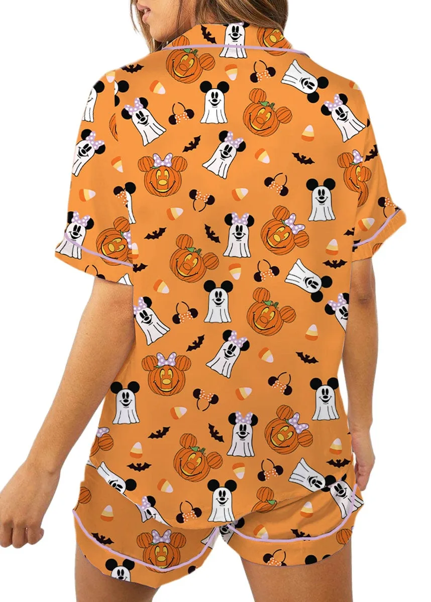 Mickey & Minnie Halloween Pajama Set, Orange Pumpkin & Ghost Print Long Sleeve Sleepwear, Spooky Character Pajamas, Halloween Nightwear, Cute Fall Loungewear for Women - Image 9