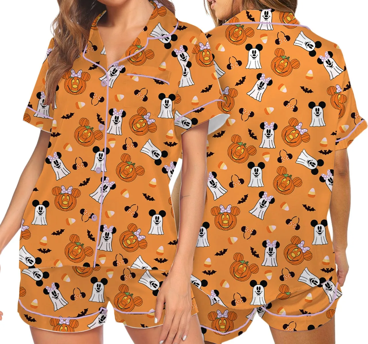 Mickey & Minnie Halloween Pajama Set, Orange Pumpkin & Ghost Print Long Sleeve Sleepwear, Spooky Character Pajamas, Halloween Nightwear, Cute Fall Loungewear for Women - Image 10