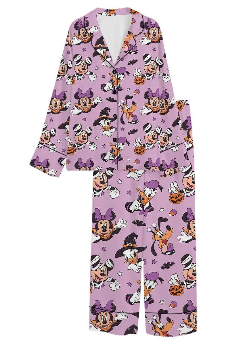 Mickey & Friends Halloween Pajama Set, Purple Witch & Pumpkin Character Print Long Sleeve Sleepwear, Spooky Halloween Pajamas, Cute Fall Nightwear, Cozy Loungewear for Women - Image 3