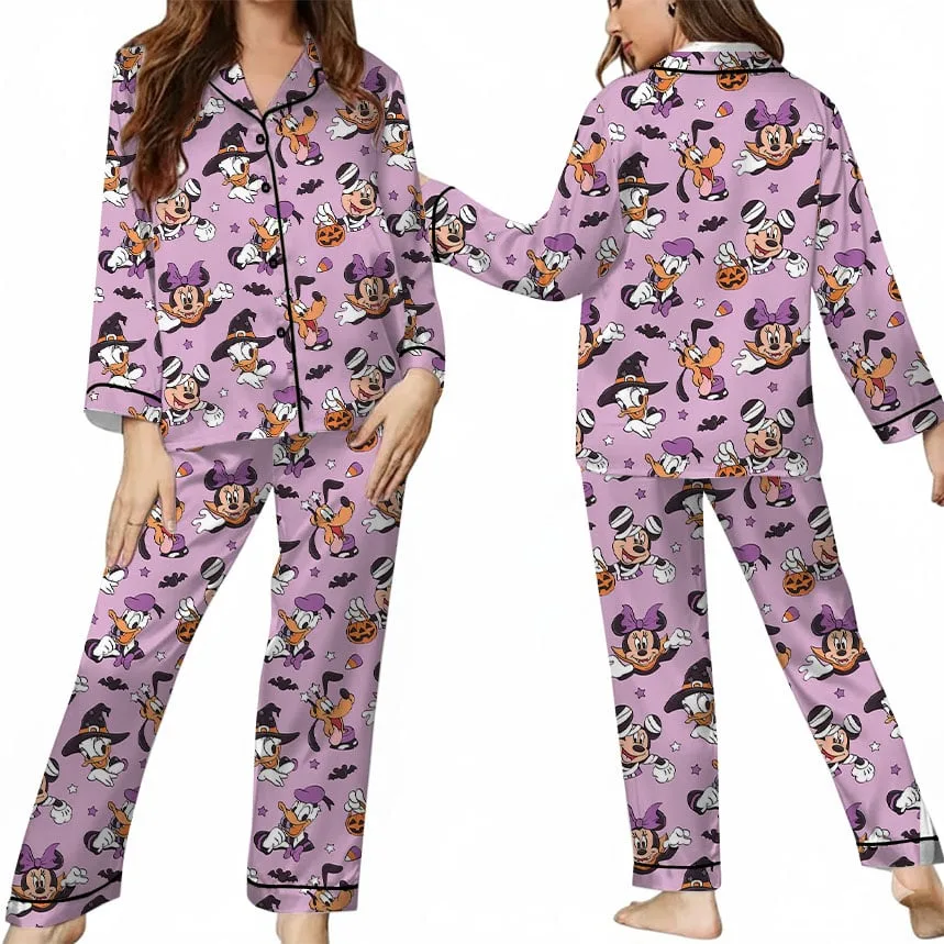 Mickey & Friends Halloween Pajama Set, Purple Witch & Pumpkin Character Print Long Sleeve Sleepwear, Spooky Halloween Pajamas, Cute Fall Nightwear, Cozy Loungewear for Women - Image 4