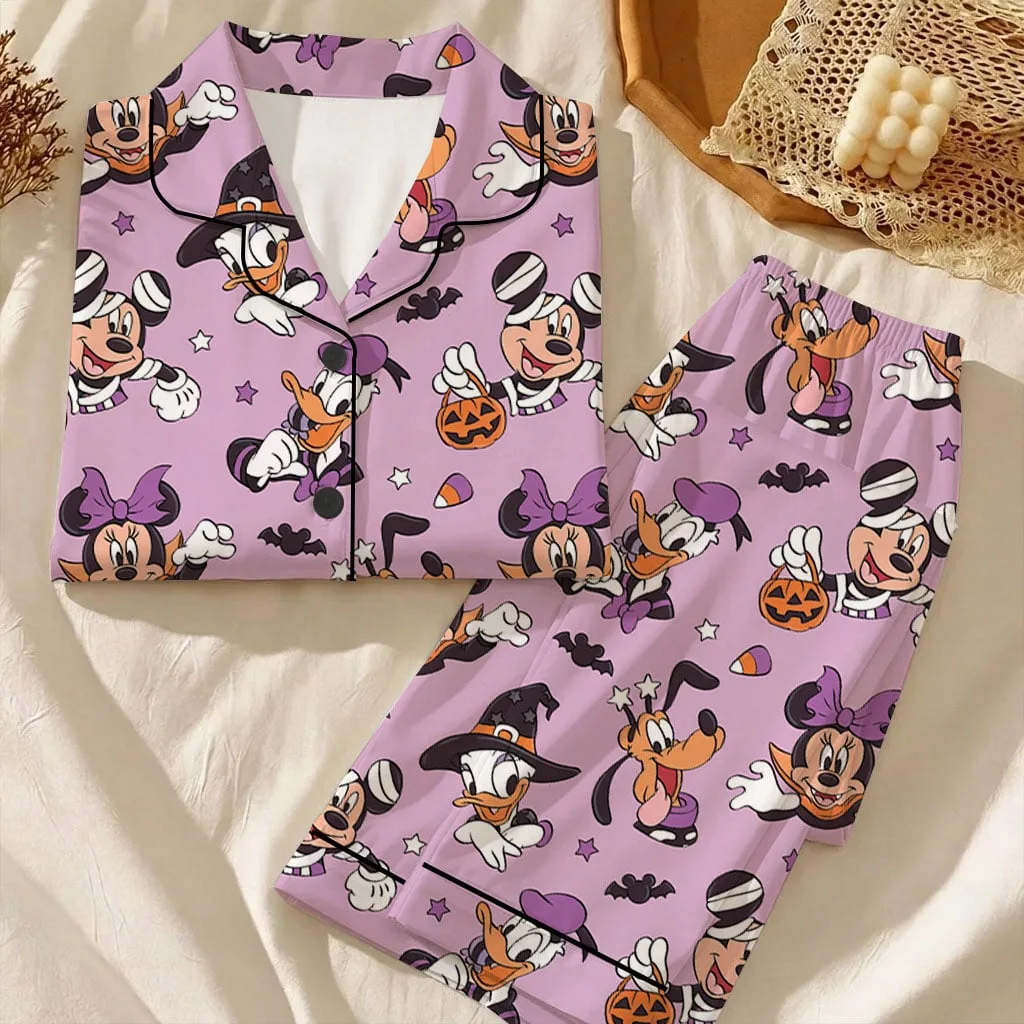 Mickey & Friends Halloween Pajama Set, Purple Witch & Pumpkin Character Print Long Sleeve Sleepwear, Spooky Halloween Pajamas, Cute Fall Nightwear, Cozy Loungewear for Women - Image 6