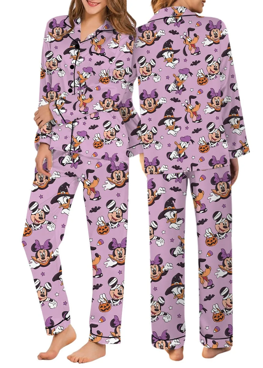 Mickey & Friends Halloween Pajama Set, Purple Witch & Pumpkin Character Print Long Sleeve Sleepwear, Spooky Halloween Pajamas, Cute Fall Nightwear, Cozy Loungewear for Women - Image 8