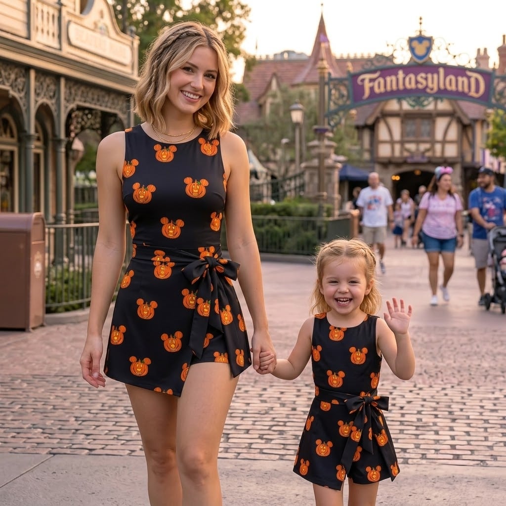 Mickey Pumpkin Mother Daughter Matching Outfit, Women’s Tennis Dress & Girls Skater Dress, Halloween Character Outfit, Theme Park Vacation Dress, Cute Fall Family Clothing - Image 5