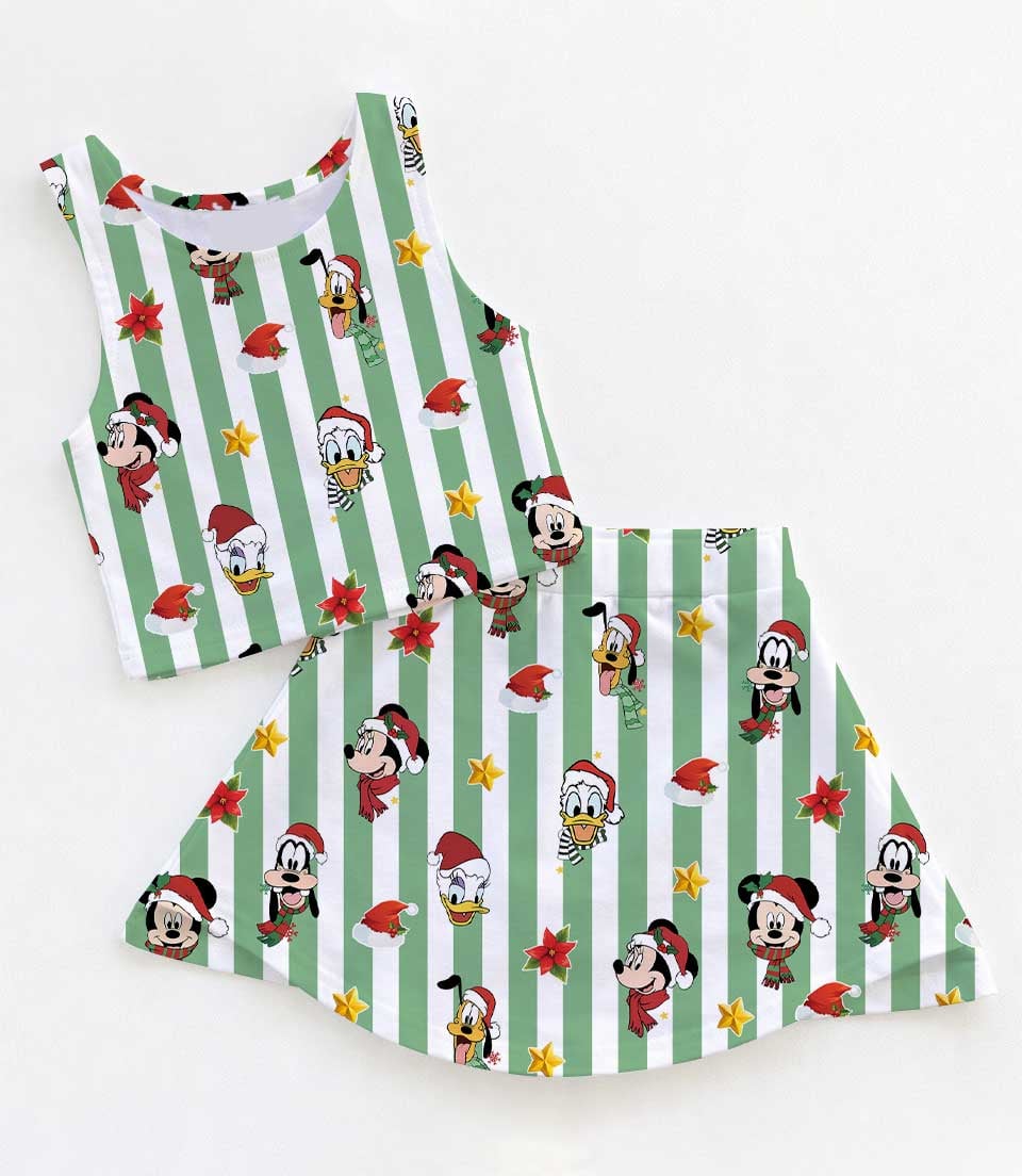 Mickey & Friends Inspired Christmas Tennis Dress, Green White Striped Holiday Character Print Skater Dress, Festive Theme Park Vacation Outfit, Cute Christmas Dress for Women & Girls