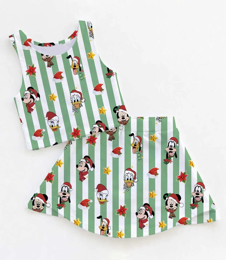 Mickey & Friends Inspired Christmas Tennis Dress, Green White Striped Holiday Character Print Skater Dress, Festive Theme Park Vacation Outfit, Cute Christmas Dress for Women & Girls