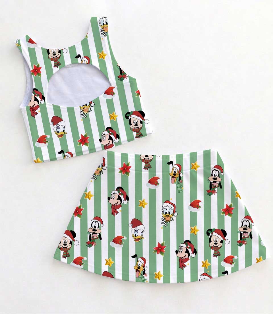 Mickey & Friends Inspired Christmas Tennis Dress, Green White Striped Holiday Character Print Skater Dress, Festive Theme Park Vacation Outfit, Cute Christmas Dress for Women & Girls - Image 2