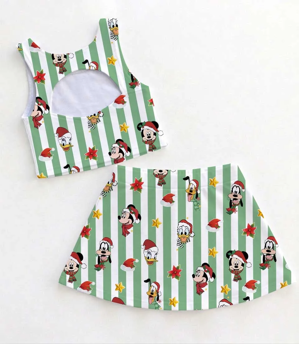 Mickey & Friends Inspired Christmas Tennis Dress, Green White Striped Holiday Character Print Skater Dress, Festive Theme Park Vacation Outfit, Cute Christmas Dress for Women & Girls - Image 2