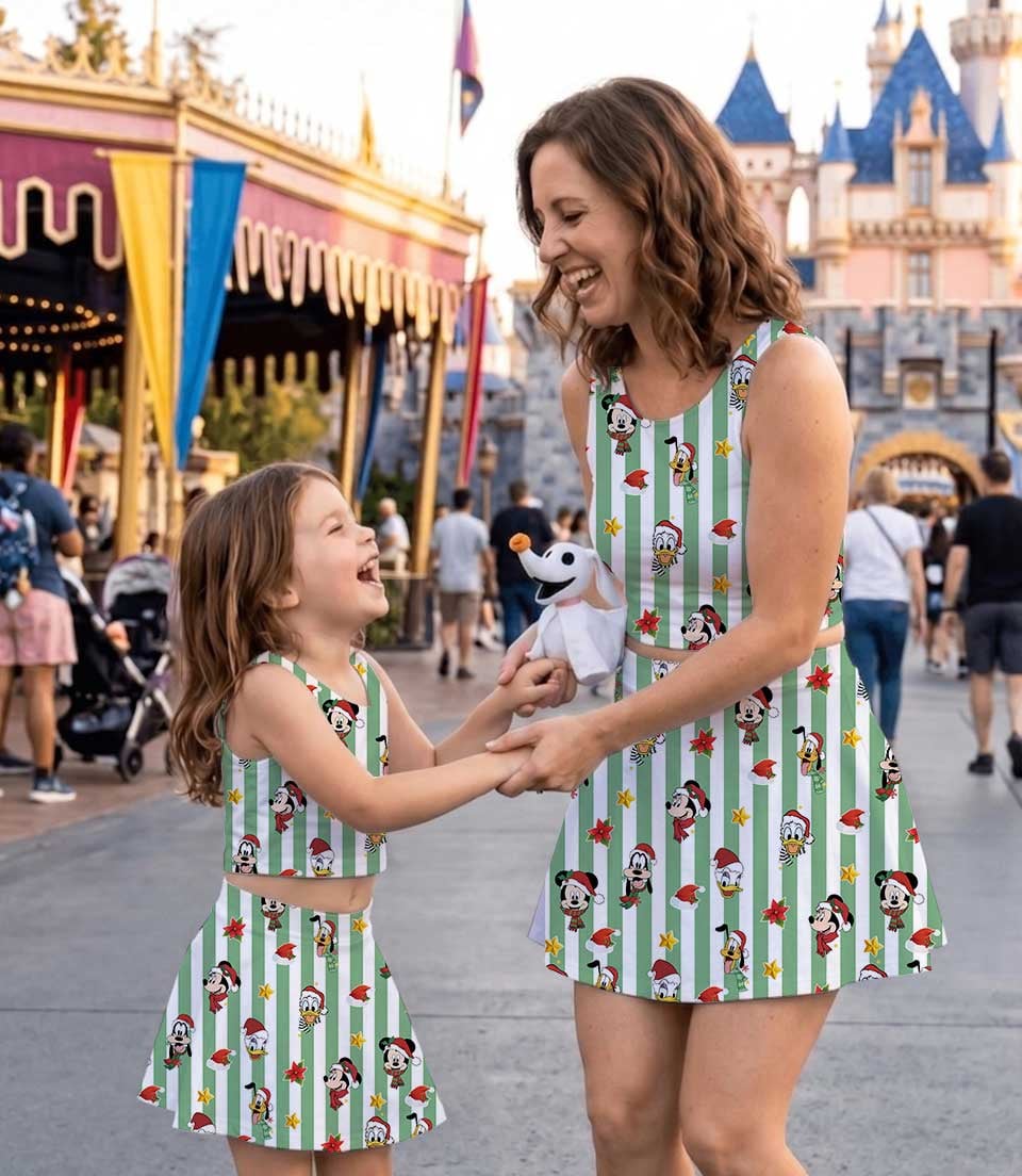 Mickey & Friends Inspired Christmas Tennis Dress, Green White Striped Holiday Character Print Skater Dress, Festive Theme Park Vacation Outfit, Cute Christmas Dress for Women & Girls - Image 3