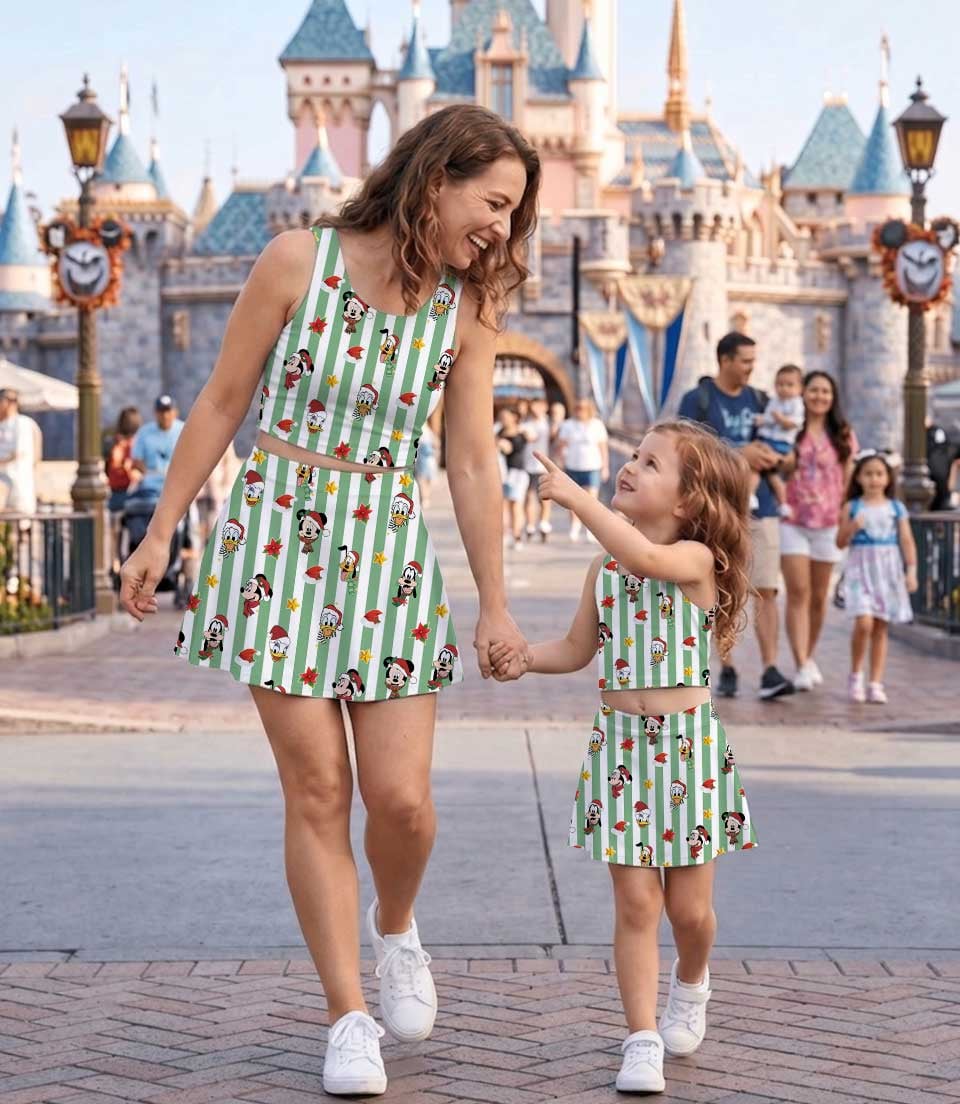 Mickey & Friends Inspired Christmas Tennis Dress, Green White Striped Holiday Character Print Skater Dress, Festive Theme Park Vacation Outfit, Cute Christmas Dress for Women & Girls - Image 4