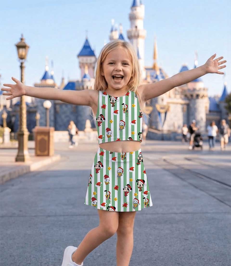 Mickey & Friends Inspired Christmas Tennis Dress, Green White Striped Holiday Character Print Skater Dress, Festive Theme Park Vacation Outfit, Cute Christmas Dress for Women & Girls - Image 6
