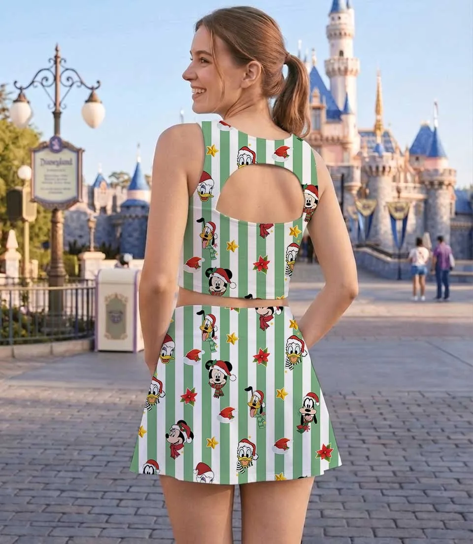 Mickey & Friends Inspired Christmas Tennis Dress, Green White Striped Holiday Character Print Skater Dress, Festive Theme Park Vacation Outfit, Cute Christmas Dress for Women & Girls - Image 5