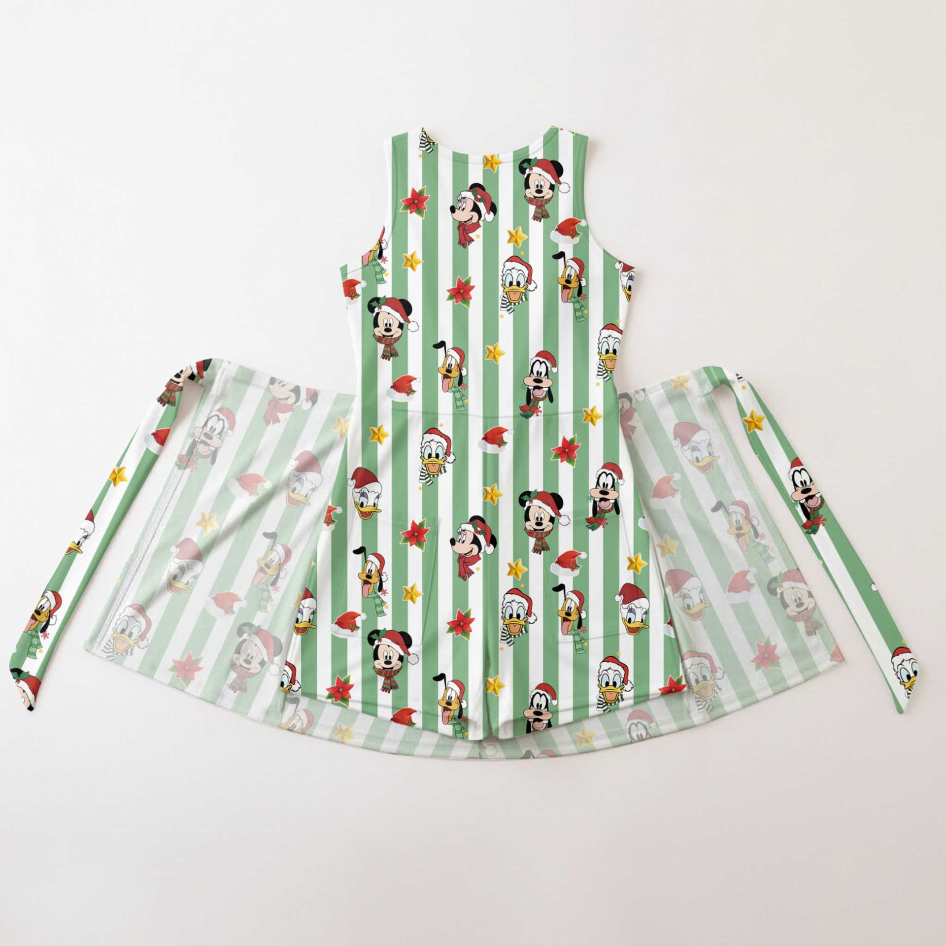 Mickey & Friends Inspired Christmas Matching Tennis Dress, Green White Striped Holiday Character Print Skater Dress, Mother Daughter Matching Outfit, Theme Park Vacation Clothing, Cute Family Christmas Outfit - Image 2