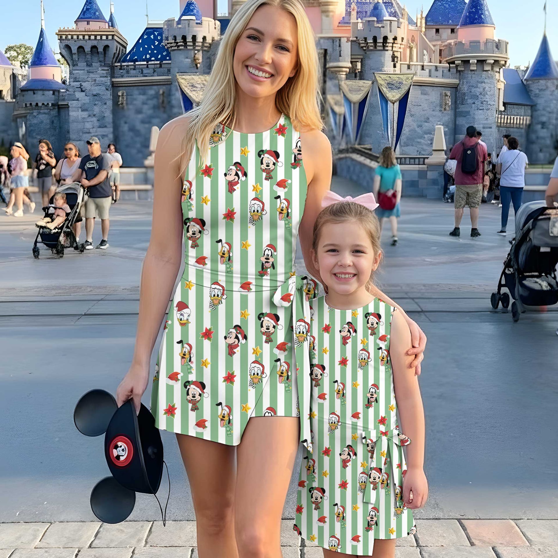 Mickey & Friends Inspired Christmas Matching Tennis Dress, Green White Striped Holiday Character Print Skater Dress, Mother Daughter Matching Outfit, Theme Park Vacation Clothing, Cute Family Christmas Outfit