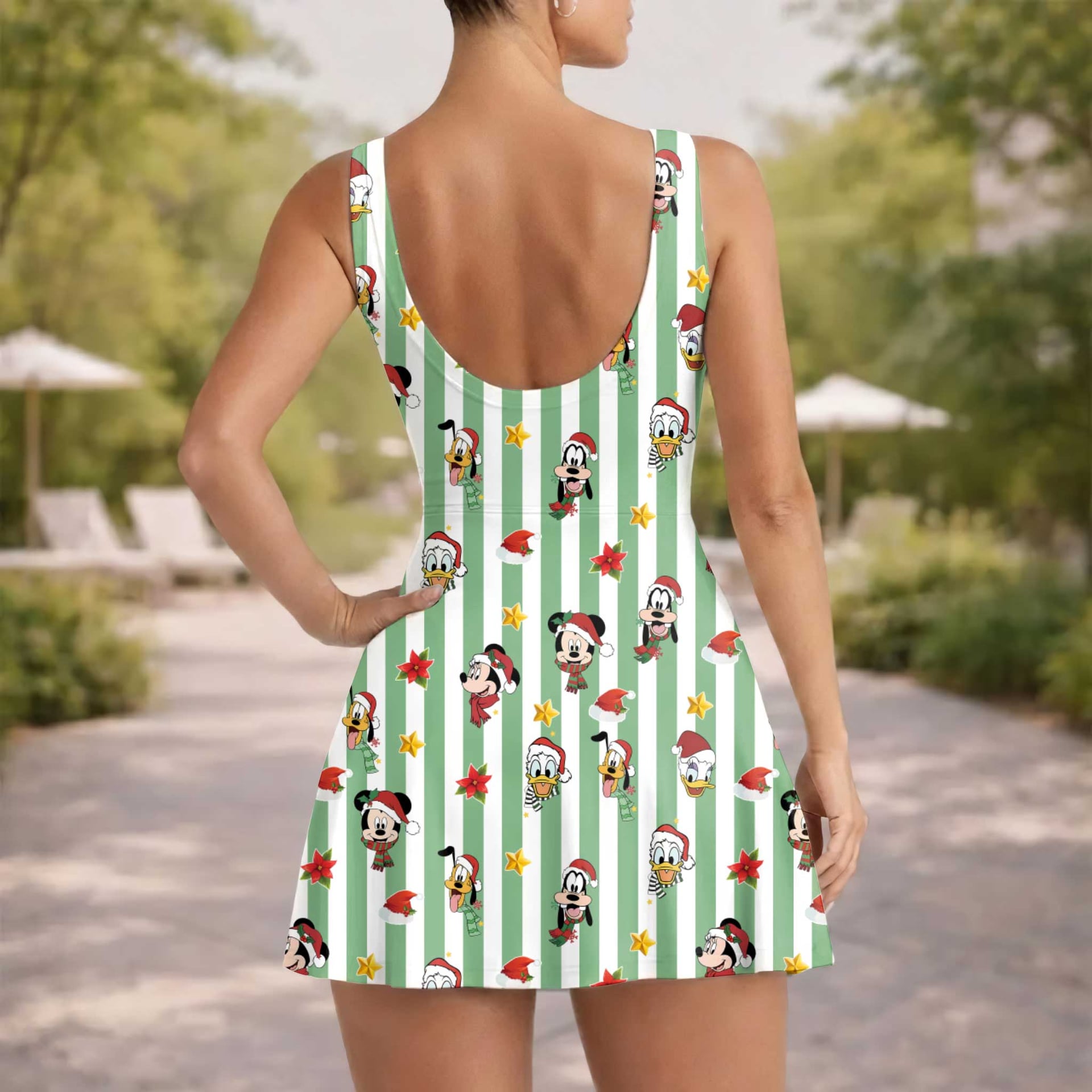 Mickey & Friends Inspired Christmas Matching Tennis Dress, Green White Striped Holiday Character Print Skater Dress, Mother Daughter Matching Outfit, Theme Park Vacation Clothing, Cute Family Christmas Outfit - Image 5