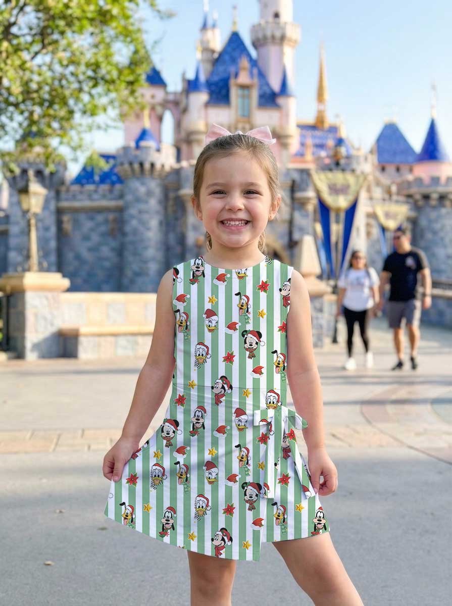 Mickey & Friends Inspired Christmas Matching Tennis Dress, Green White Striped Holiday Character Print Skater Dress, Mother Daughter Matching Outfit, Theme Park Vacation Clothing, Cute Family Christmas Outfit - Image 9