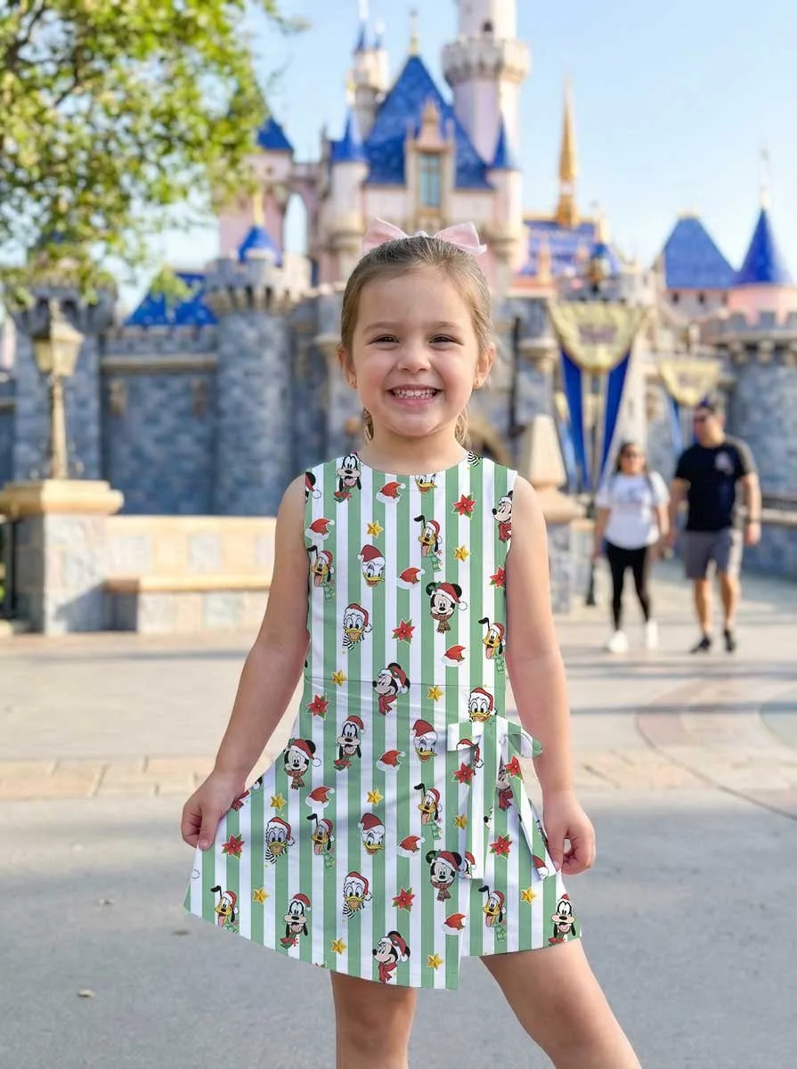 Mickey & Friends Inspired Christmas Matching Tennis Dress, Green White Striped Holiday Character Print Skater Dress, Mother Daughter Matching Outfit, Theme Park Vacation Clothing, Cute Family Christmas Outfit - Image 9