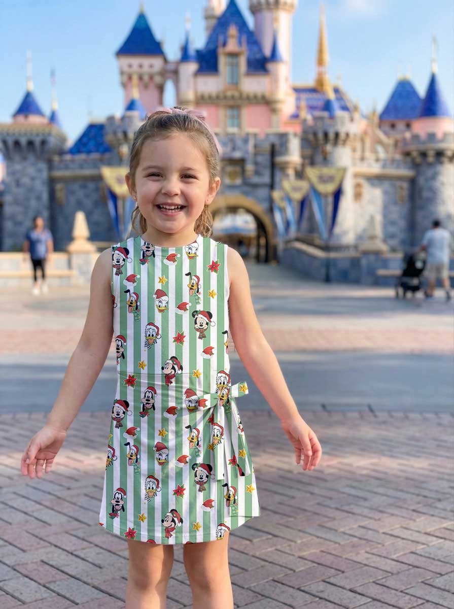 Mickey & Friends Inspired Christmas Matching Tennis Dress, Green White Striped Holiday Character Print Skater Dress, Mother Daughter Matching Outfit, Theme Park Vacation Clothing, Cute Family Christmas Outfit - Image 7