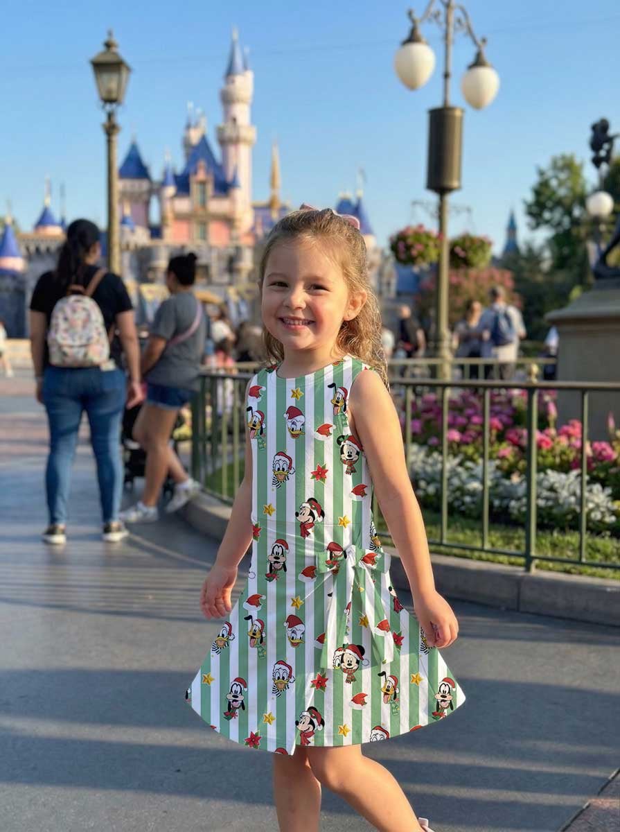 Mickey & Friends Inspired Christmas Matching Tennis Dress, Green White Striped Holiday Character Print Skater Dress, Mother Daughter Matching Outfit, Theme Park Vacation Clothing, Cute Family Christmas Outfit - Image 6