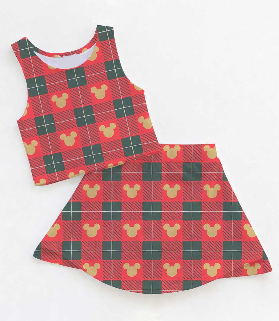 Mickey Mouse Inspired Christmas Girls Two Piece Dress Set, Red Green Plaid Mickey Icon Crop Top & Skater Skirt, Holiday Character Outfit, Theme Park Christmas Vacation Clothing, Cute Festive Girls Outfit