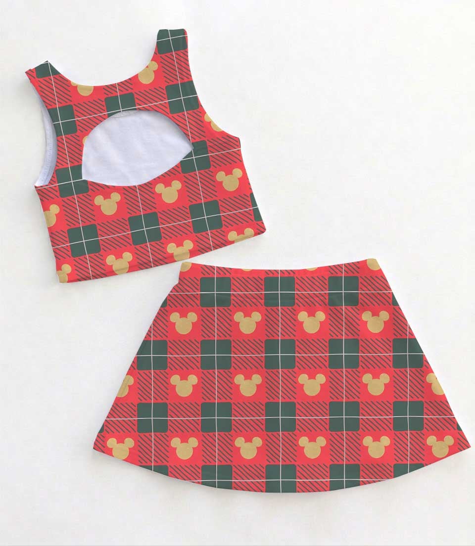 Mickey Mouse Inspired Christmas Girls Two Piece Dress Set, Red Green Plaid Mickey Icon Crop Top & Skater Skirt, Holiday Character Outfit, Theme Park Christmas Vacation Clothing, Cute Festive Girls Outfit - Image 2
