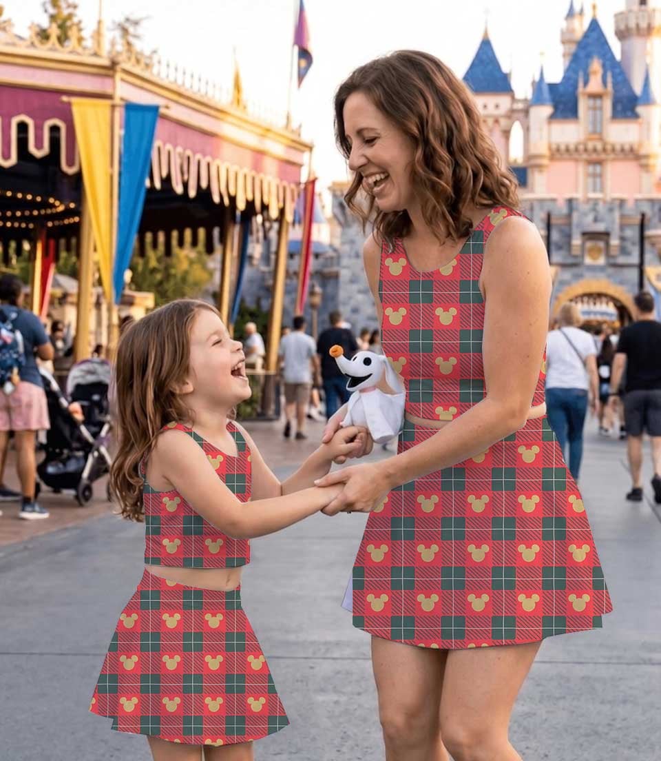 Mickey Mouse Inspired Christmas Girls Two Piece Dress Set, Red Green Plaid Mickey Icon Crop Top & Skater Skirt, Holiday Character Outfit, Theme Park Christmas Vacation Clothing, Cute Festive Girls Outfit - Image 3