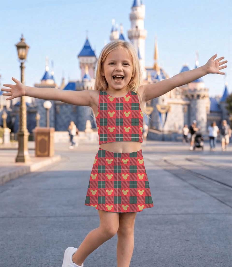 Mickey Mouse Inspired Christmas Girls Two Piece Dress Set, Red Green Plaid Mickey Icon Crop Top & Skater Skirt, Holiday Character Outfit, Theme Park Christmas Vacation Clothing, Cute Festive Girls Outfit - Image 6