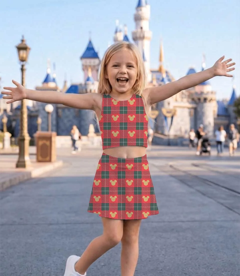Mickey Mouse Inspired Christmas Girls Two Piece Dress Set, Red Green Plaid Mickey Icon Crop Top & Skater Skirt, Holiday Character Outfit, Theme Park Christmas Vacation Clothing, Cute Festive Girls Outfit - Image 6