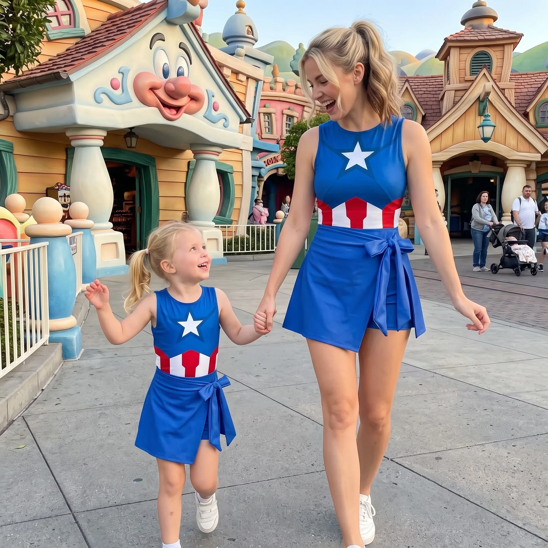 Captain America Inspired Mother Daughter Matching Tennis Dress, Blue Star Bow Skort Tennis Dress, Superhero Character Outfit, Theme Park Vacation Clothing, Cute Superhero Family Outfit - Image 2