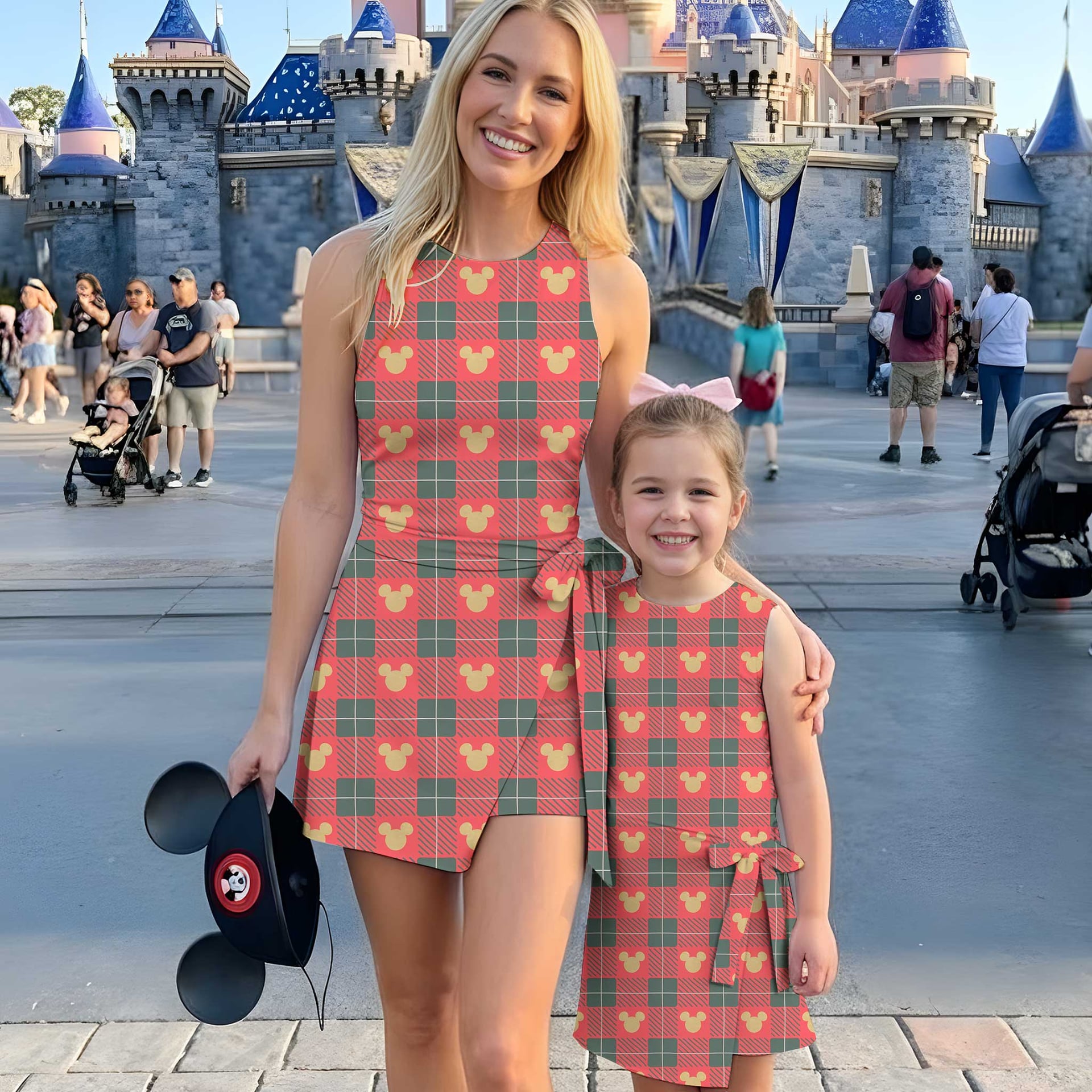 Mickey Mouse Inspired Christmas Mother Daughter Matching Tennis Dress, Red Green Plaid Mickey Icon Bow Skort Dress, Holiday Character Outfit, Theme Park Christmas Vacation Clothing, Cute Mommy and Me Outfit