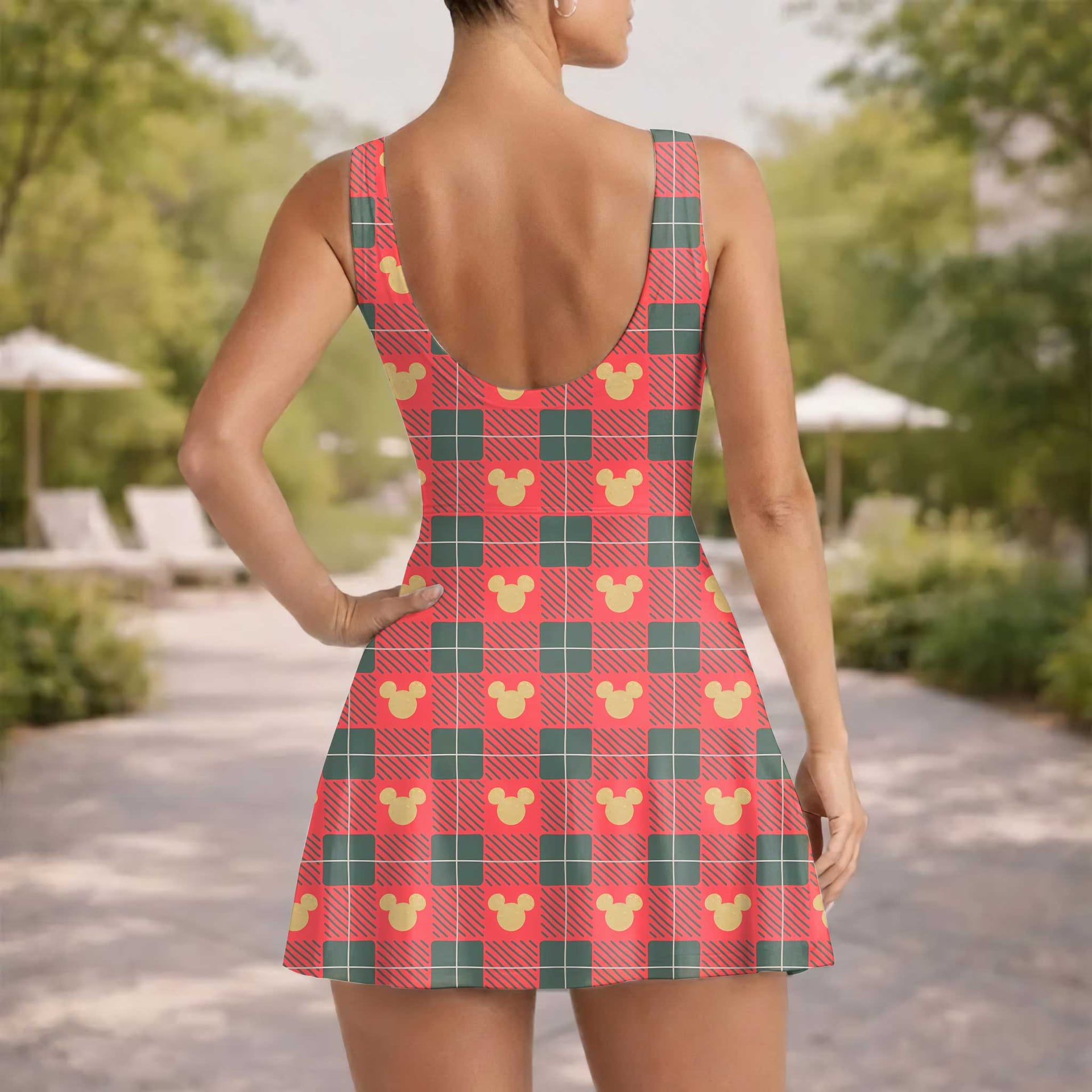 Mickey Mouse Inspired Christmas Mother Daughter Matching Tennis Dress, Red Green Plaid Mickey Icon Bow Skort Dress, Holiday Character Outfit, Theme Park Christmas Vacation Clothing, Cute Mommy and Me Outfit - Image 5