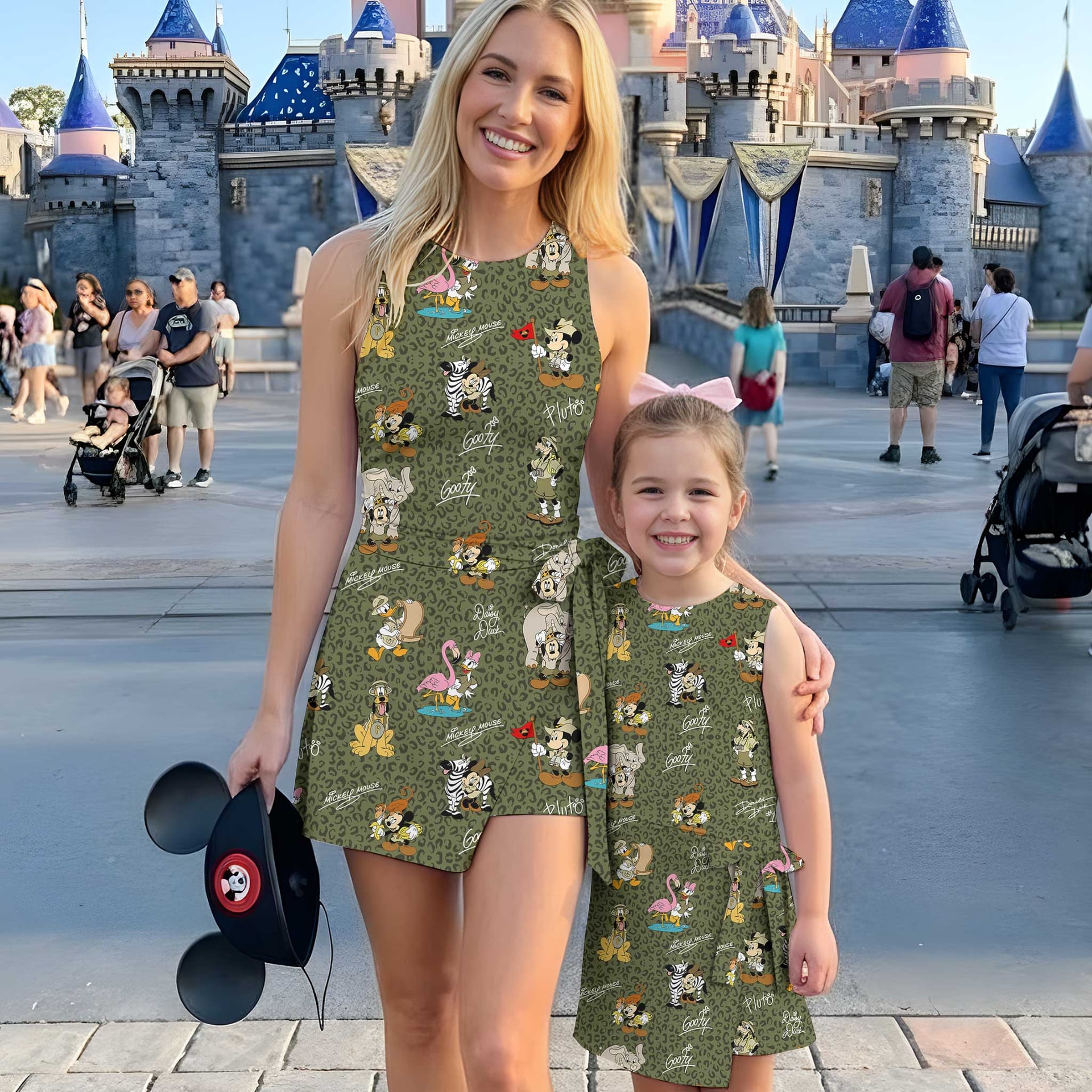 Disney Safari Mickey & Friends Inspired Mother Daughter Matching Tennis Dress, Green Leopard Animal Print Bow Skort Dress, Safari Character Outfit, Theme Park Vacation Clothing, Cute Mommy and Me Outfit
