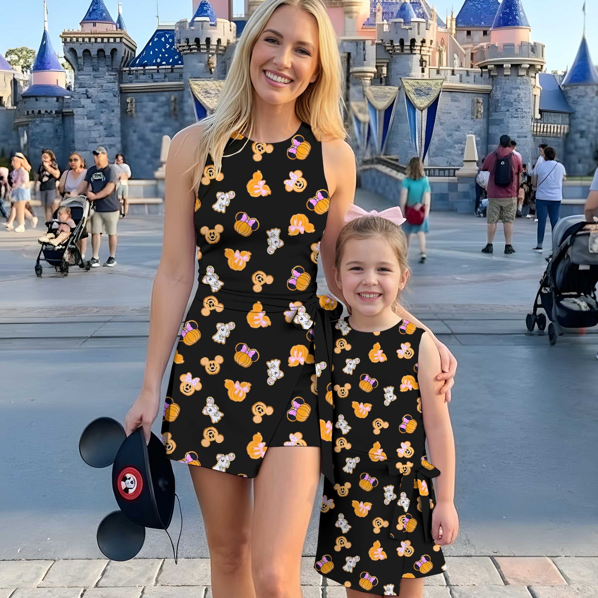 Disney Halloween Mickey & Minnie Inspired Mother Daughter Matching Tennis Dress, Pumpkin & Ghost Black Bow Skort Dress, Spooky Character Outfit, Theme Park Halloween Vacation Clothing, Cute Mommy and Me Outfit