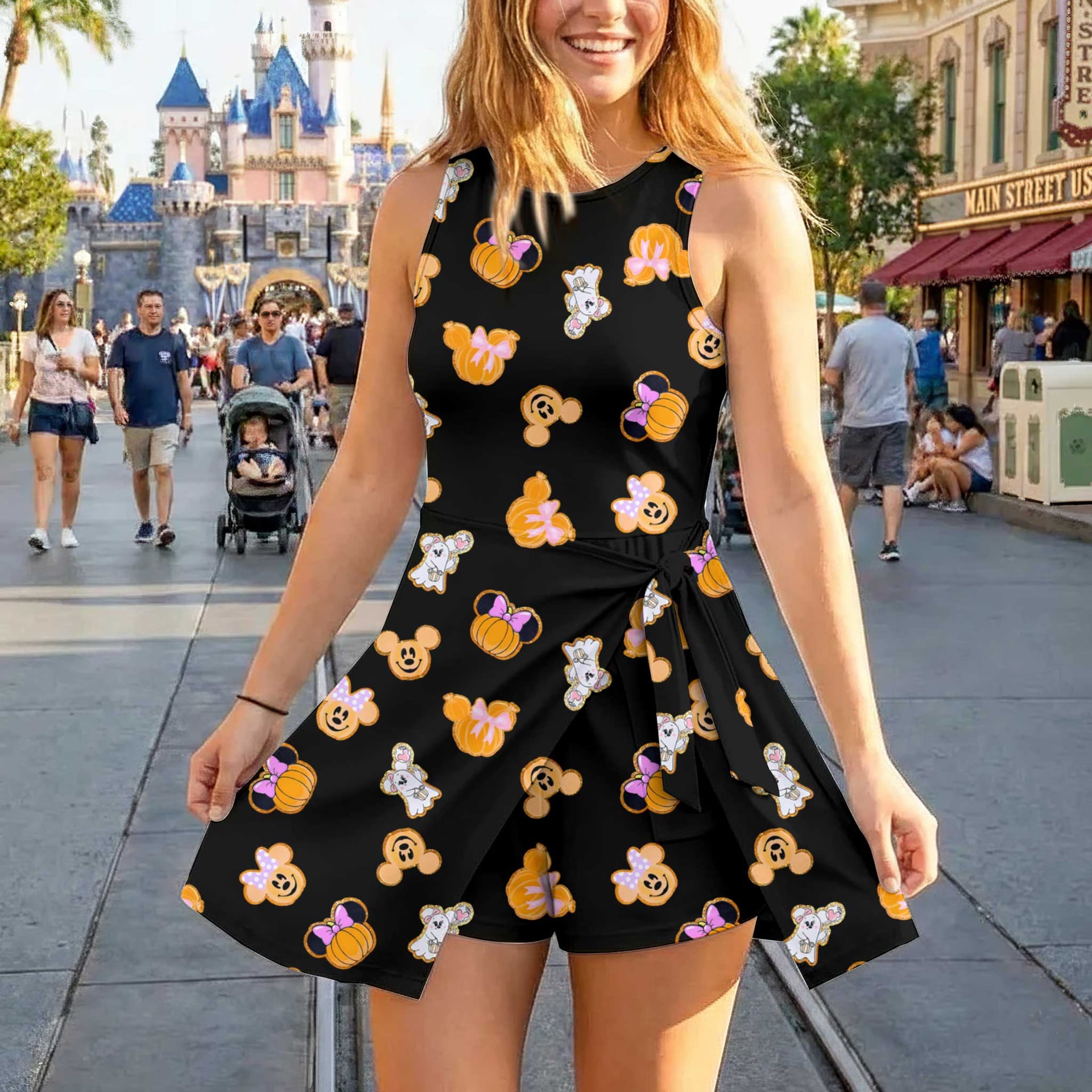 Disney Halloween Mickey & Minnie Inspired Mother Daughter Matching Tennis Dress, Pumpkin & Ghost Black Bow Skort Dress, Spooky Character Outfit, Theme Park Halloween Vacation Clothing, Cute Mommy and Me Outfit - Image 3