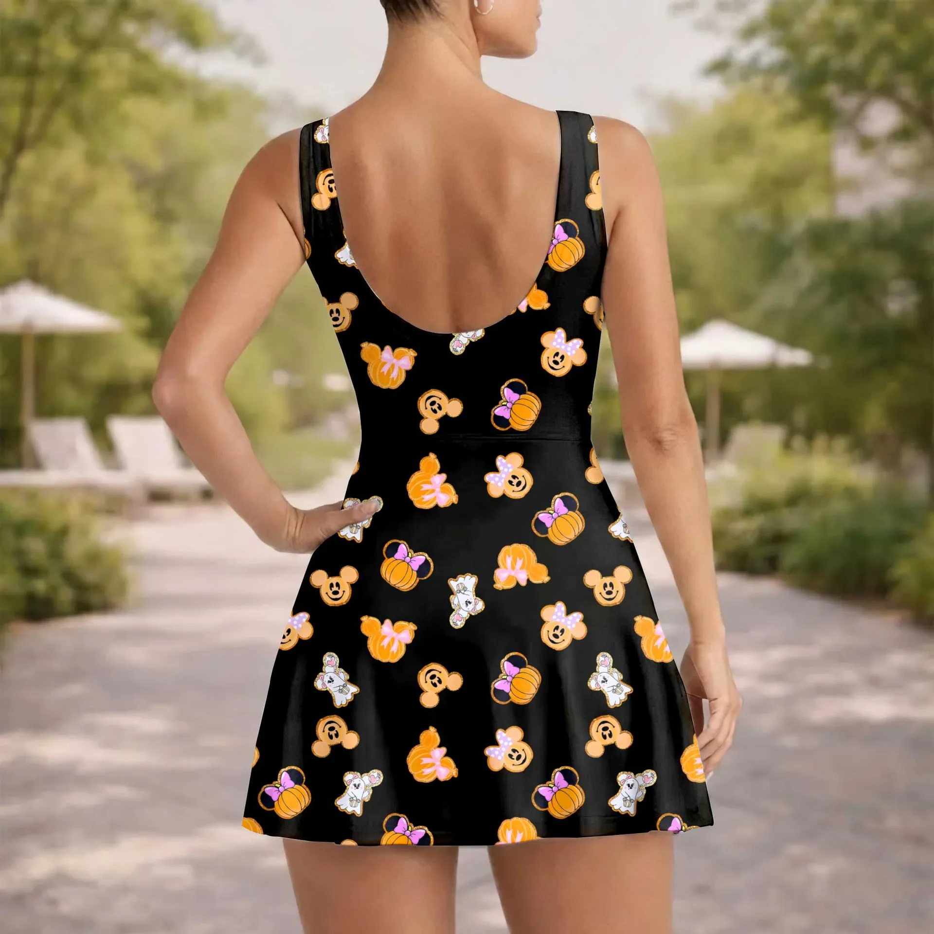 Disney Halloween Mickey & Minnie Tennis Dress, Black Pumpkin Ghost Character Print Dress, Mother Daughter Matching Outfit, Disney Inspired Halloween Theme Park Vacation Clothing - Image 5