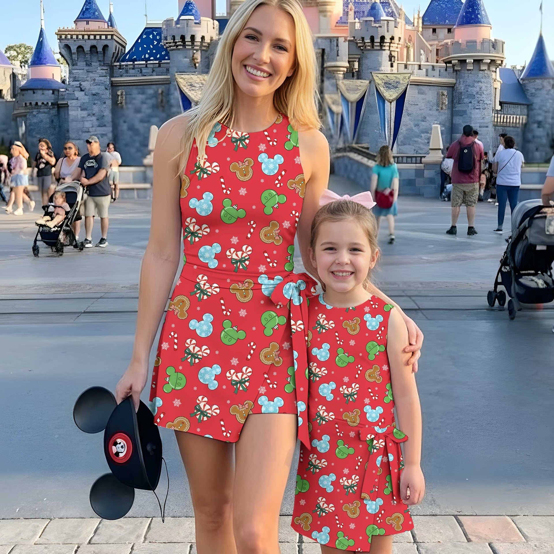 Mickey Inspired Christmas Matching Tennis Dress, Red Holiday Candy Cane & Gingerbread Character Print Skater Dress, Mother Daughter Matching Outfit, Theme Park Vacation Clothing, Cute Family Christmas Outfit
