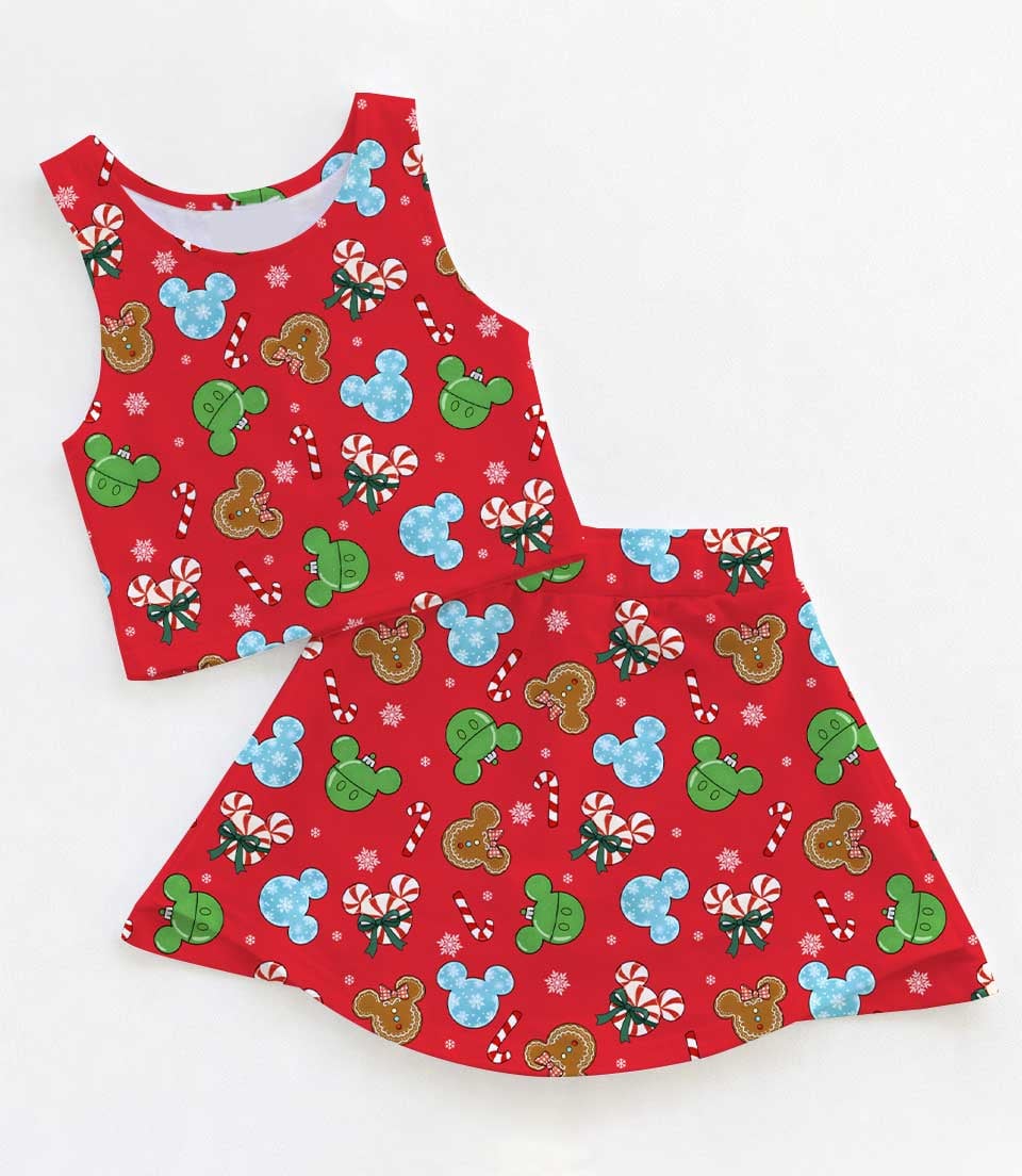 Mickey Inspired Christmas Tennis & Skater Dress, Red Candy Cane Gingerbread Holiday Print Dress, Mother Daughter Matching Outfit, Theme Park Christmas Vacation Clothing