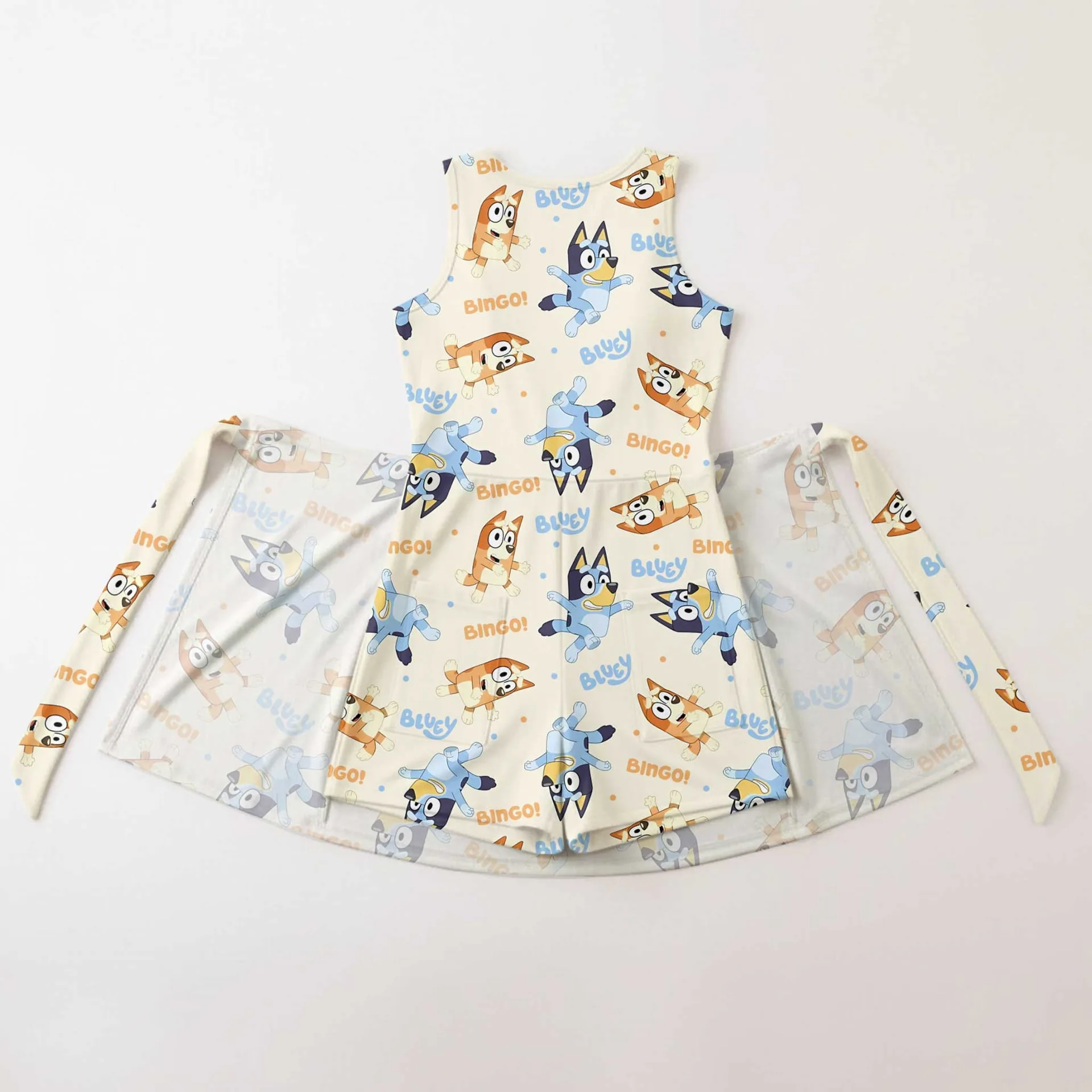 Bluey & Bingo Inspired Tennis Dress, Cream Cartoon Character Print Dress, Mother Daughter Matching Outfit, Theme Park Vacation Clothing, Cute Family Matching Dress - Image 2