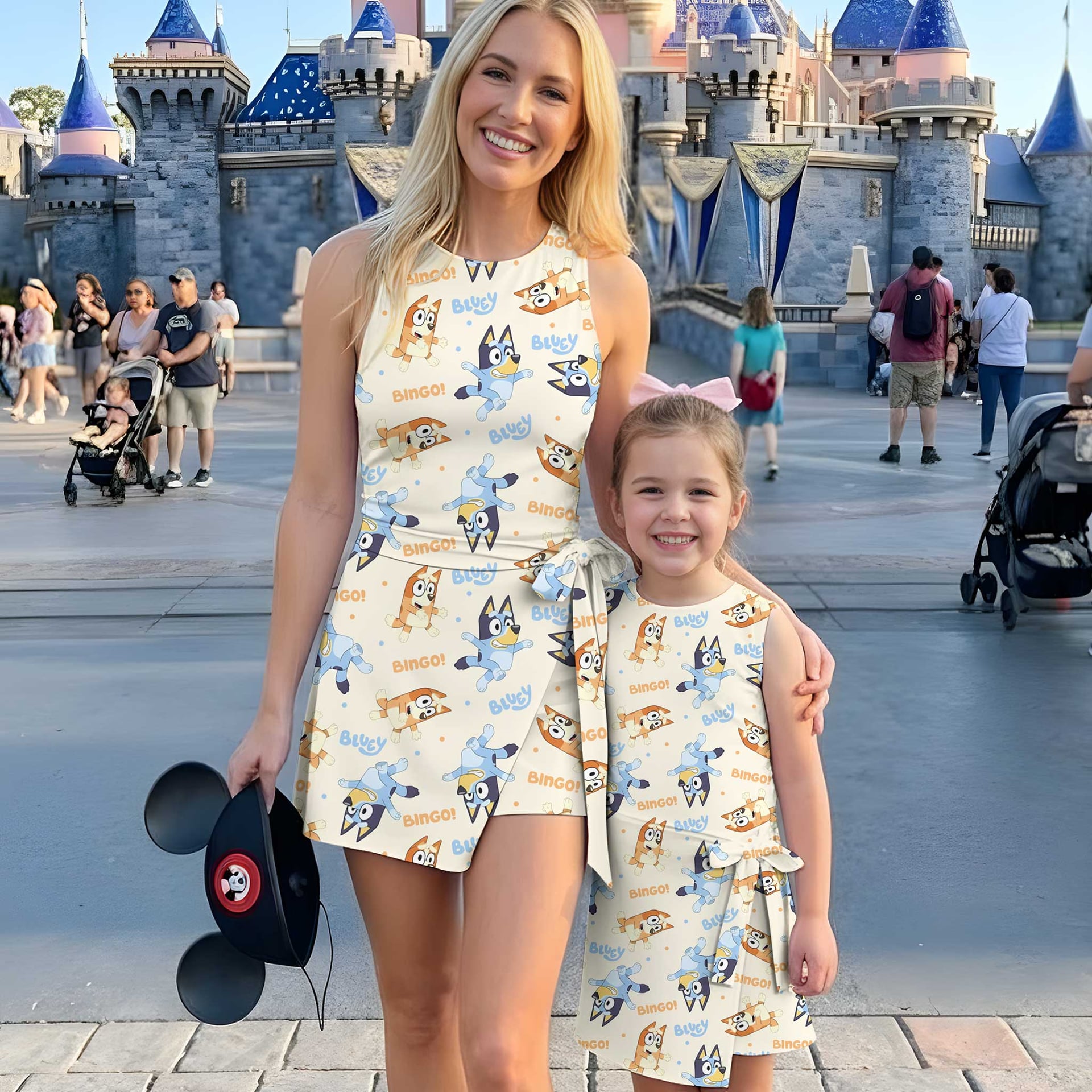 Bluey & Bingo Inspired Tennis & Skater Dress, Cream Cartoon Character Print Dress, Mother Daughter Matching Outfit, Theme Park Vacation Clothing, Cute Family Matching Dress
