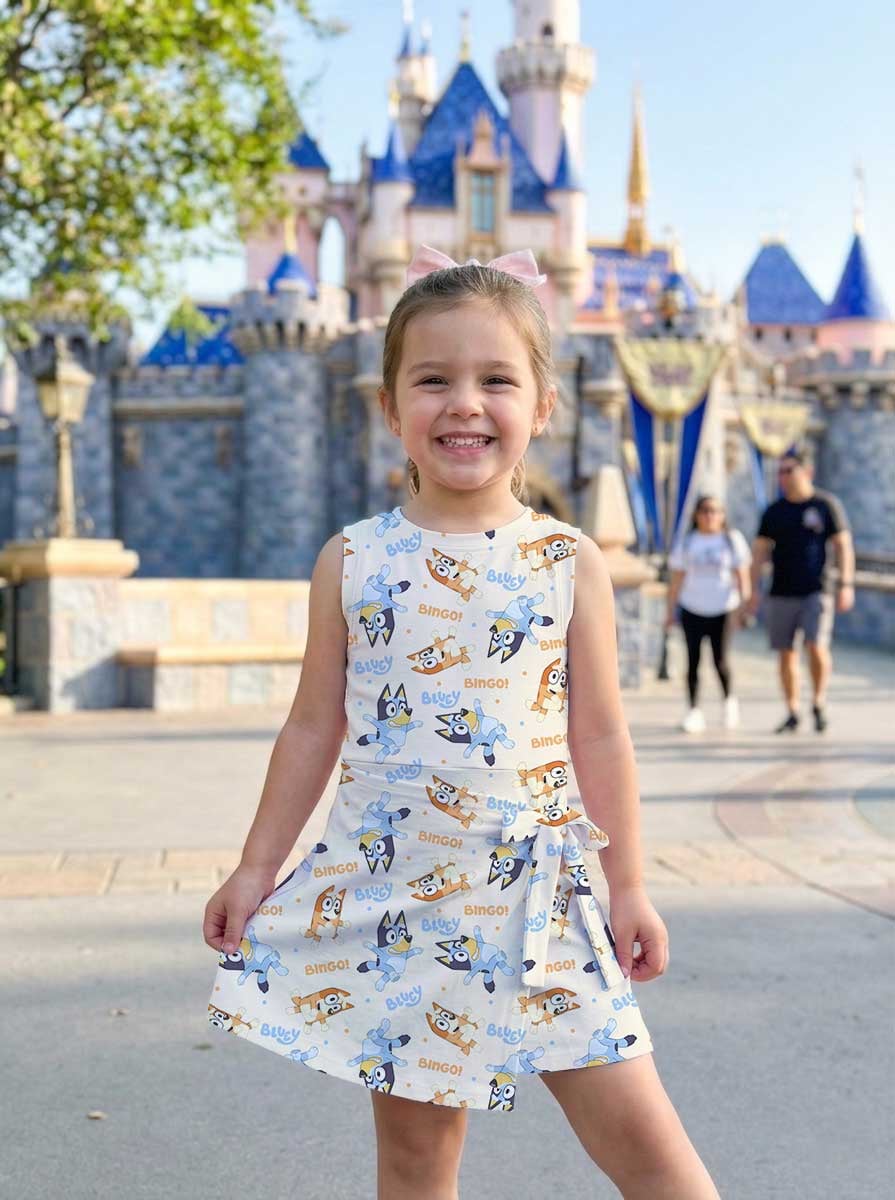Bluey & Bingo Inspired Tennis & Skater Dress, Cream Cartoon Character Print Dress, Mother Daughter Matching Outfit, Theme Park Vacation Clothing, Cute Family Matching Dress - Image 6
