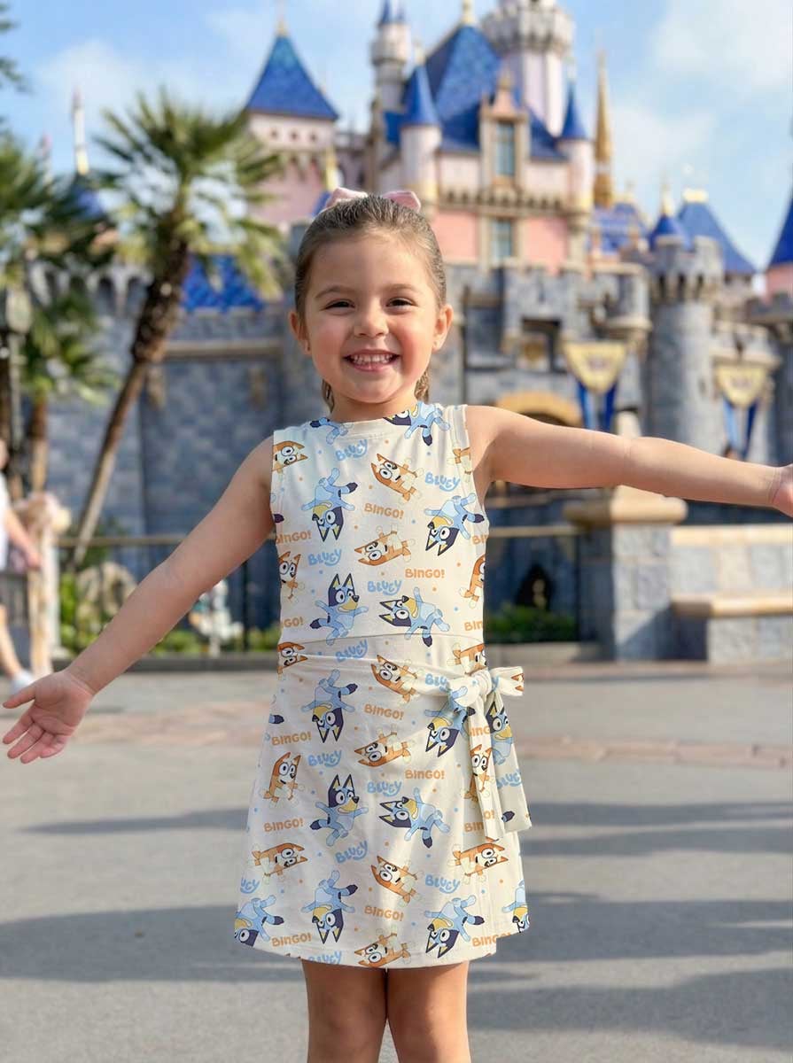 Bluey & Bingo Inspired Tennis & Skater Dress, Cream Cartoon Character Print Dress, Mother Daughter Matching Outfit, Theme Park Vacation Clothing, Cute Family Matching Dress - Image 7