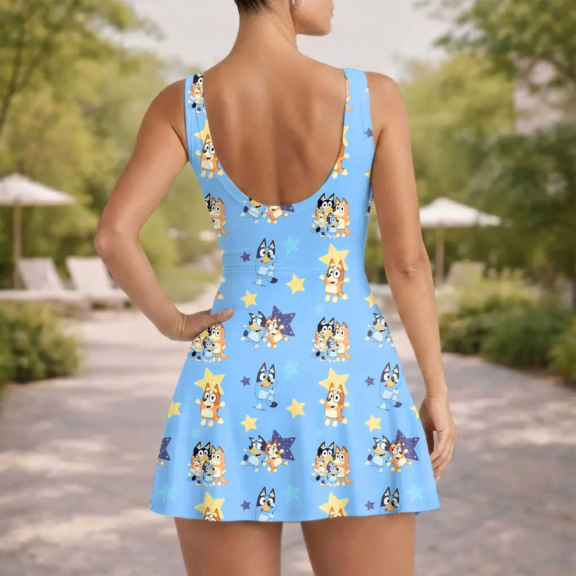 Bluey & Bingo Inspired Tennis Dress, Blue Star Cartoon Character Print Dress, Mother Daughter Matching Outfit, Theme Park Vacation Clothing, Cute Family Matching Dress - Image 5