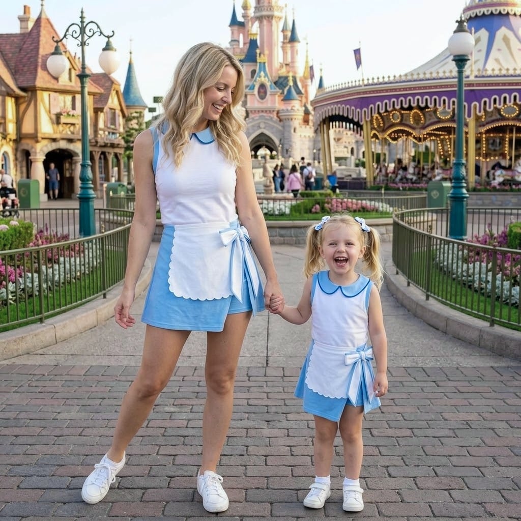 Alice in Wonderland Inspired Mother Daughter Matching Tennis Dress, Alice Blue & White Apron Bow Skort Dress, Wonderland Character Outfit, Theme Park Vacation Clothing, Cute Mommy and Me Outfit - Image 5