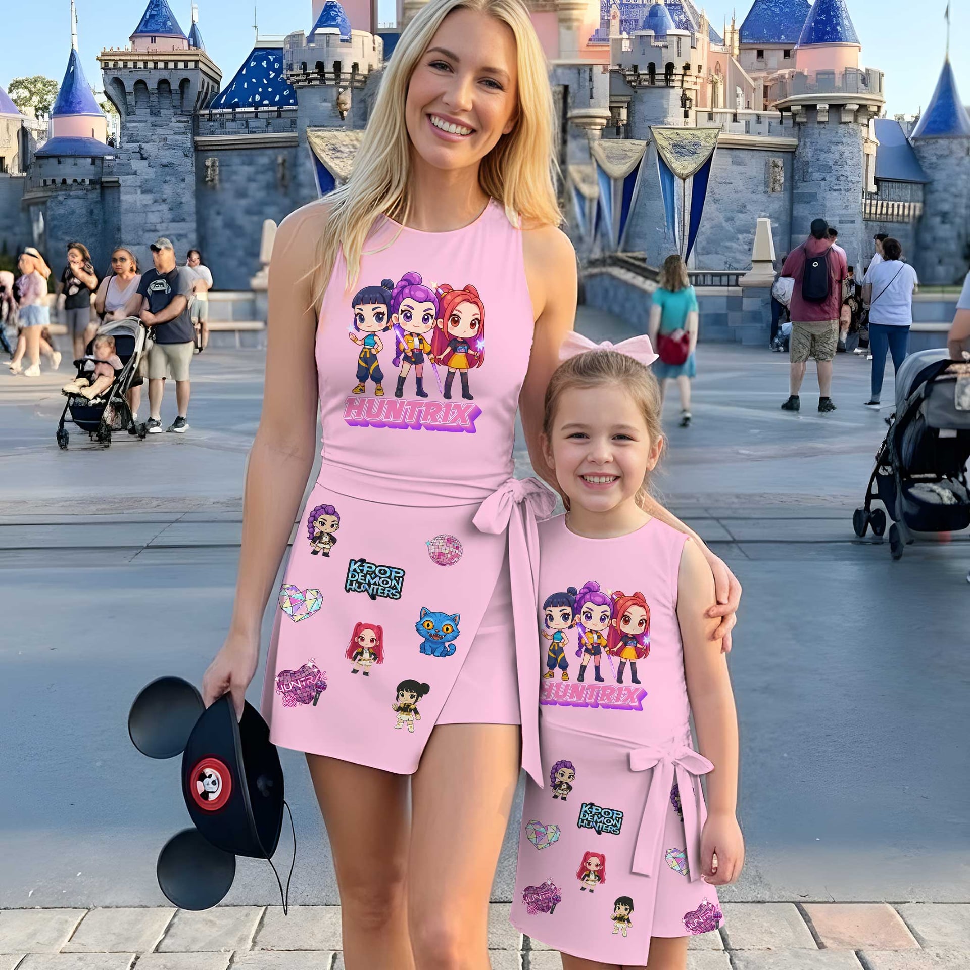 KPop Demon Hunters HUNTR/X Tennis & Skater Dress, Pink Rumi Mira Zoey Character Print Dress, Mother Daughter Matching Outfit, KPop Inspired Theme Park Vacation Clothing