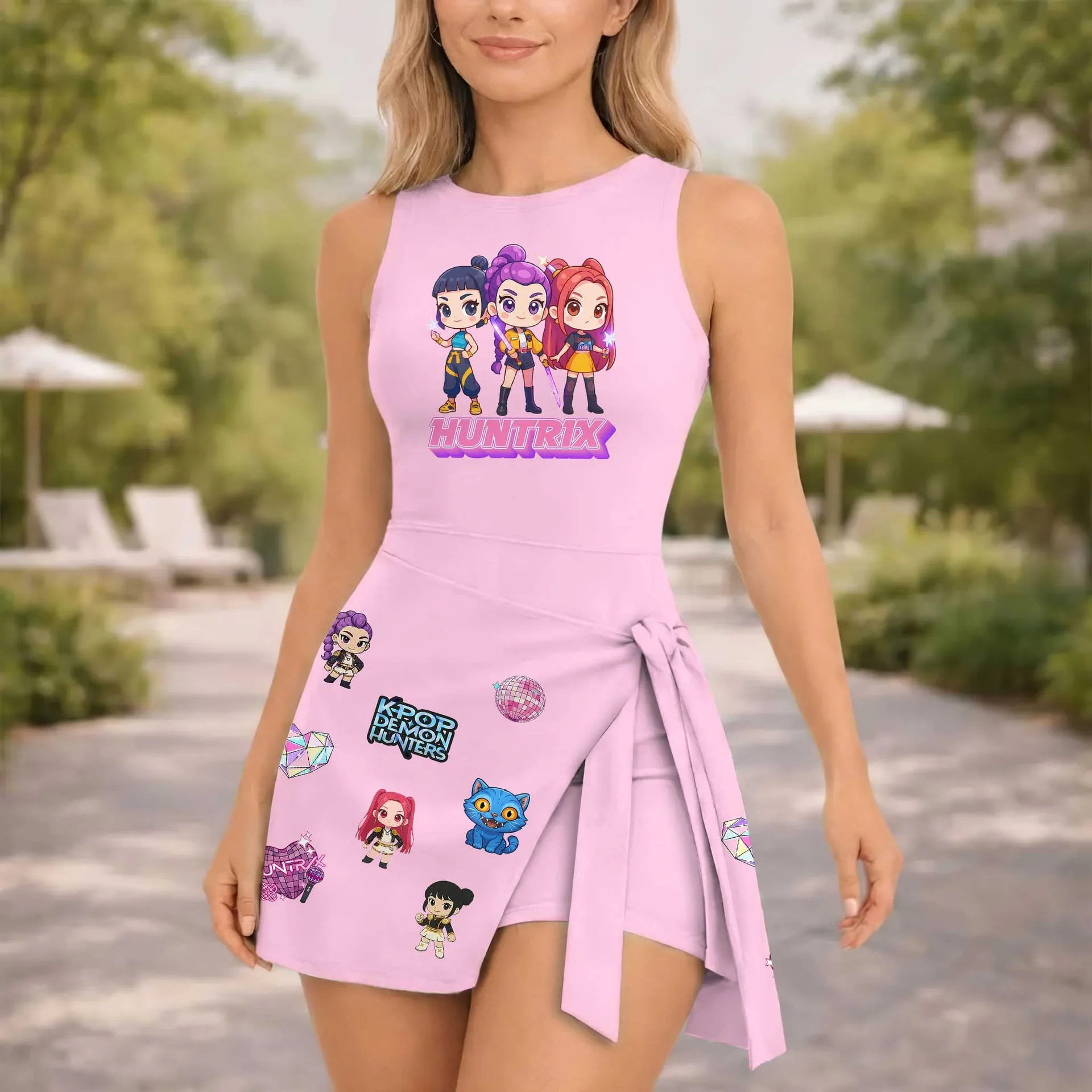 KPop Demon Hunters HUNTR/X Tennis Dress, Pink Rumi Mira Zoey Character Print Dress, Mother Daughter Matching Outfit, KPop Inspired Theme Park Vacation Clothing - Image 4