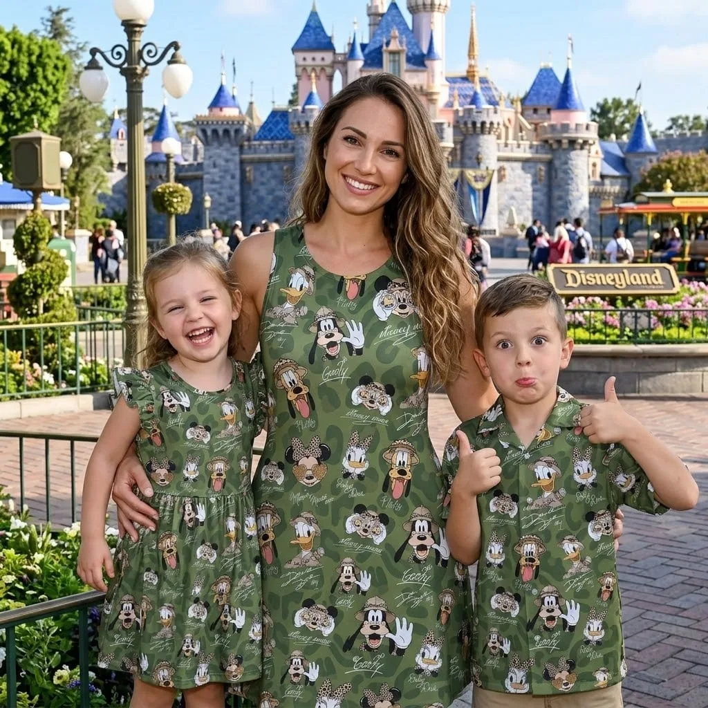Disney Safari Inspired Family Matching Outfit, Mickey & Friends Green Camo Family Dress & Hawaiian Shirt Set, Safari Character Outfit, Theme Park Vacation Clothing, Cute Family Matching Outfit - Image 2