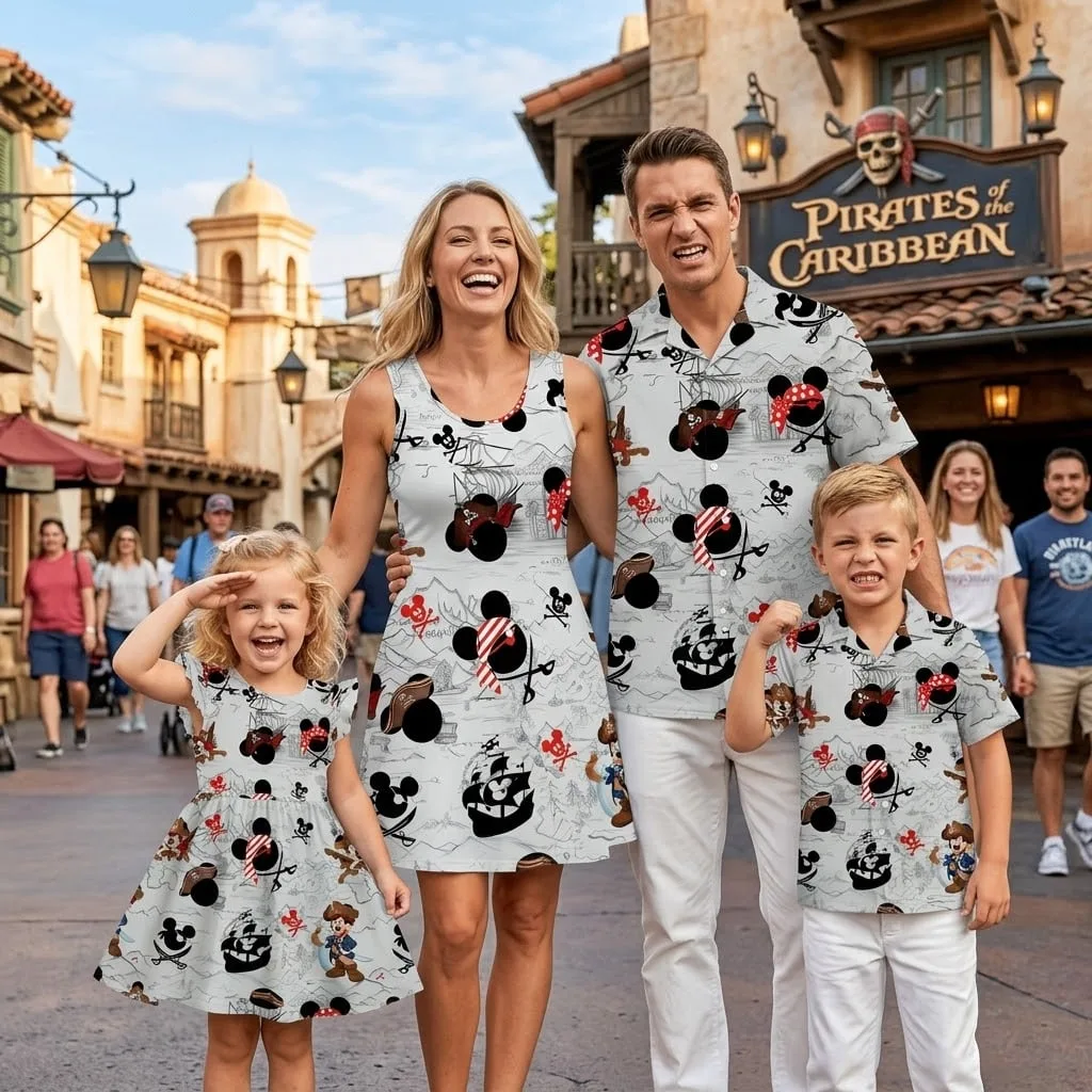 Disney Pirates Inspired Family Matching Outfit, Mickey & Friends Pirate Print Family Dress & Hawaiian Shirt Set, Pirate Character Outfit, Theme Park Vacation Clothing, Cute Family Matching Outfit - Image 2